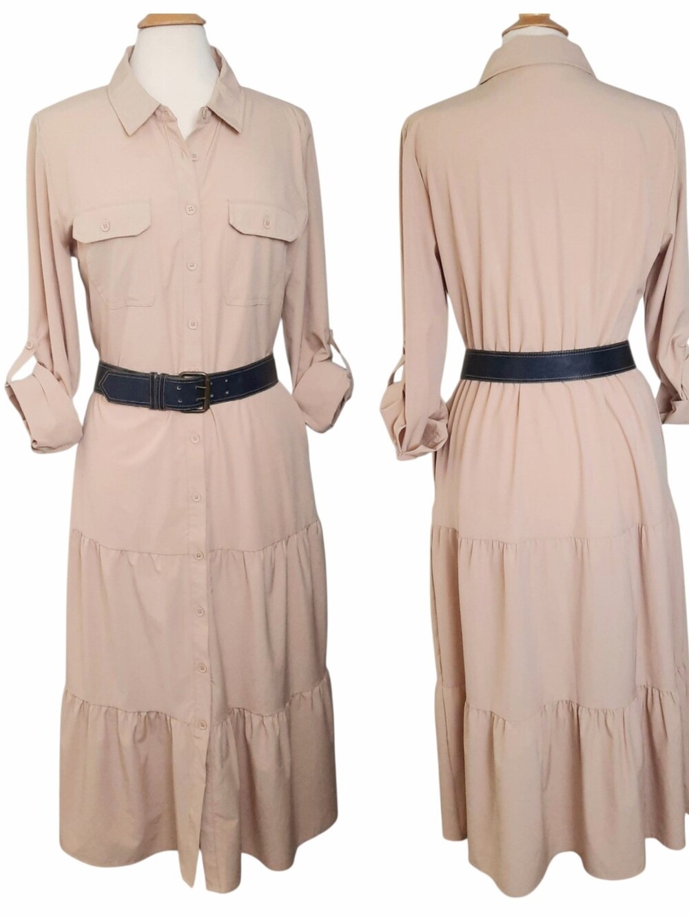 LUCKY BRAND Tiered Long Sleeve Stretch Midi Shirt Dress w/Pockets Beige Sz L